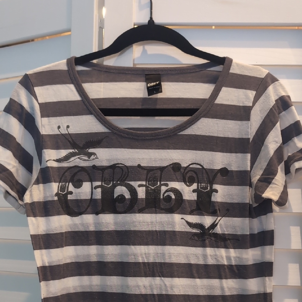 Obey Gray and White Striped Tee
